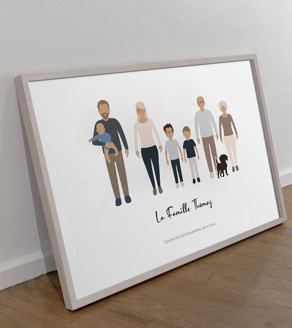 Affiche portrait famille personnalisé avec animaux - 4 décors
