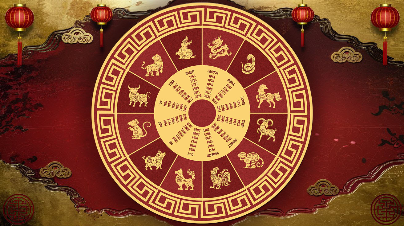 A traditional Chinese zodiac wheel showing the 12 animals, arranged in a circle with symbols for each year.