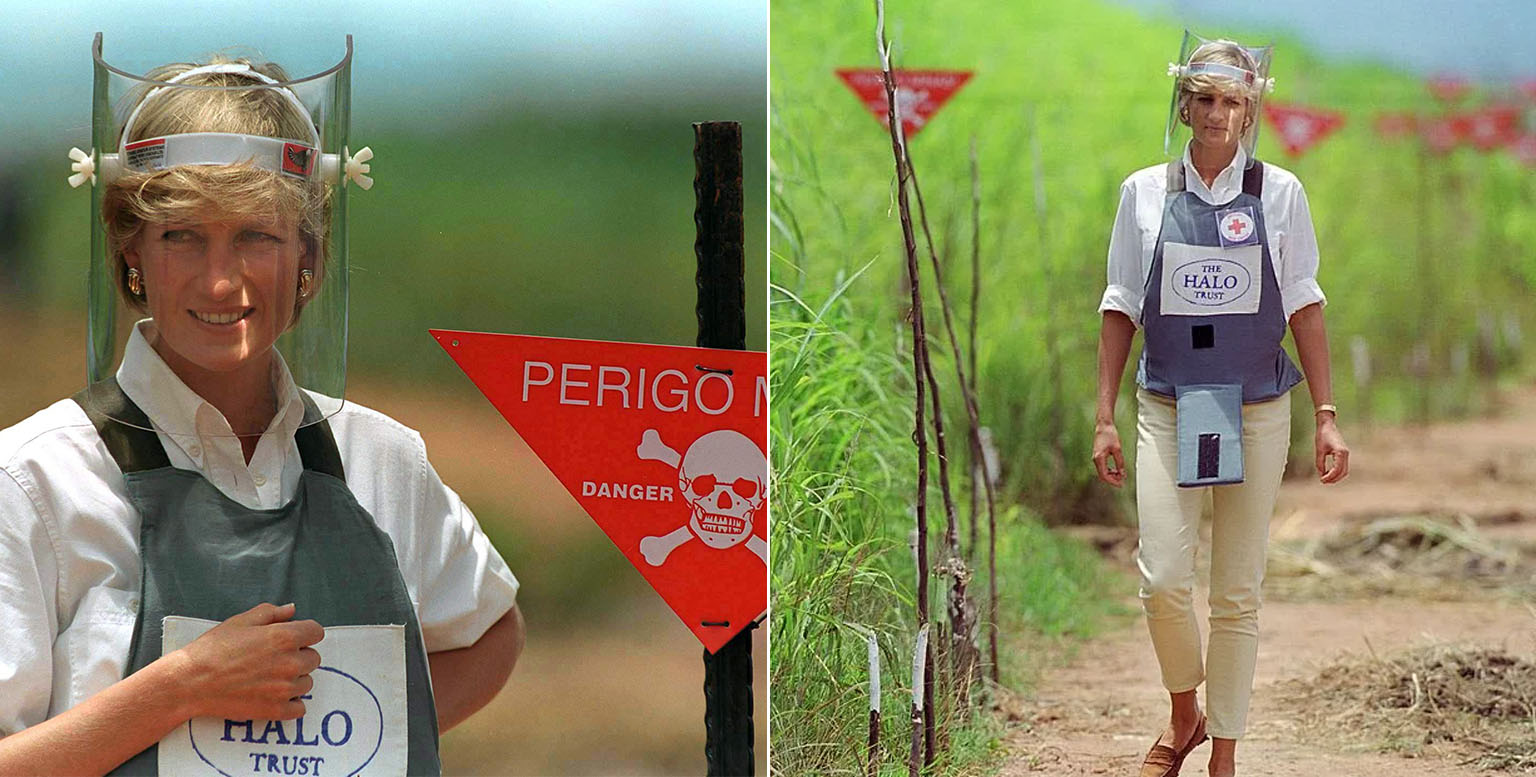 Diana walking through a landmine area in Angola, advocating for global anti-landmine campaigns.