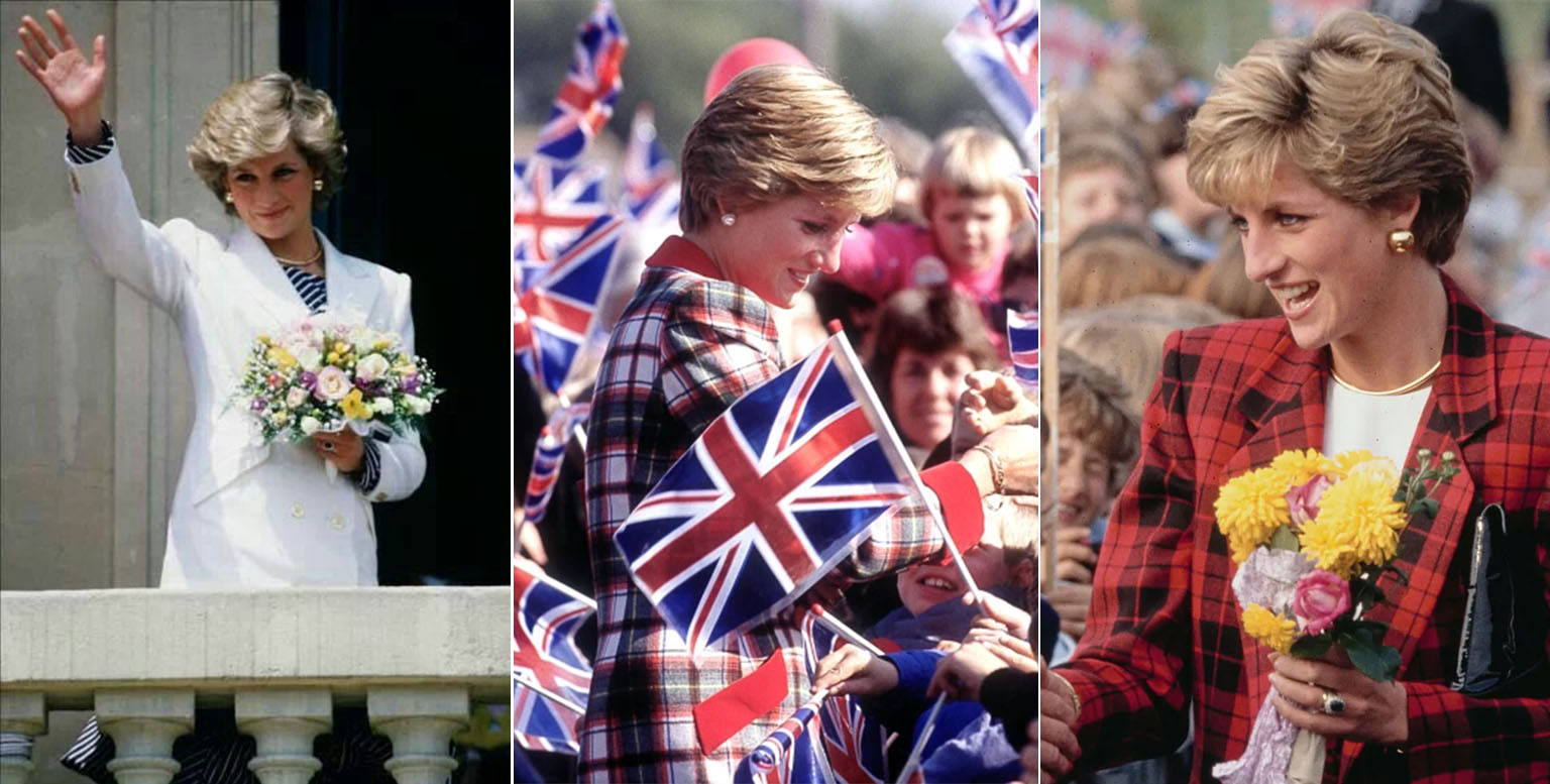 Diana warmly interacting with a crowd, smiling and shaking hands with people.