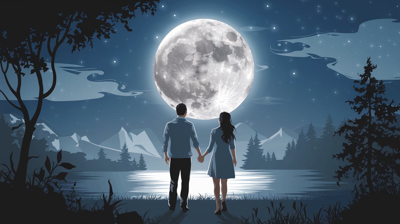 Moon Phase Compatibility Calculator. Couple, soulmates holding hands under a full moon