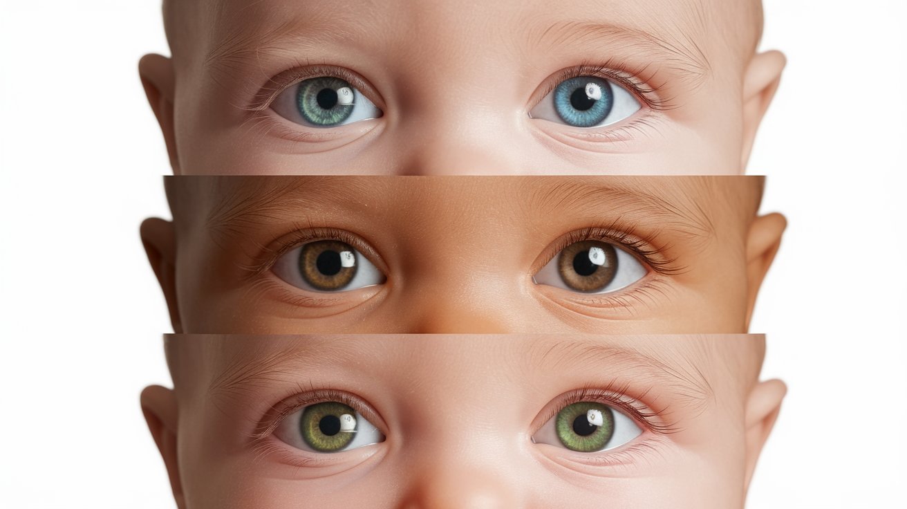 An image of a baby's eyes with different colors. There are three pairs of eyes. The first pair of eyes is blue. The second pair of eyes is brown. The third pair of eyes is green. The background is white.