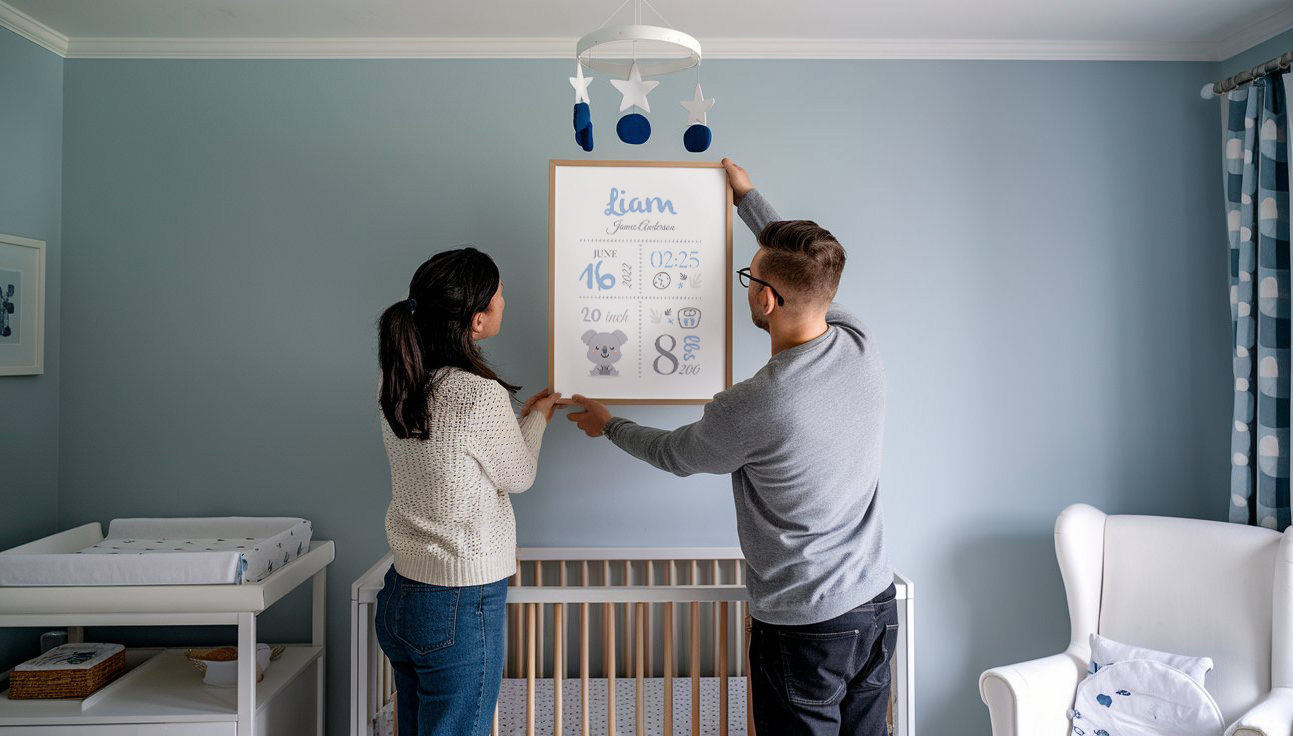 A photo of a couple hanging a frame with a birth poster in it