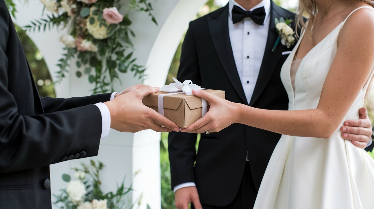 Invité offrant un cadeau de mariage symbolique aux mariés