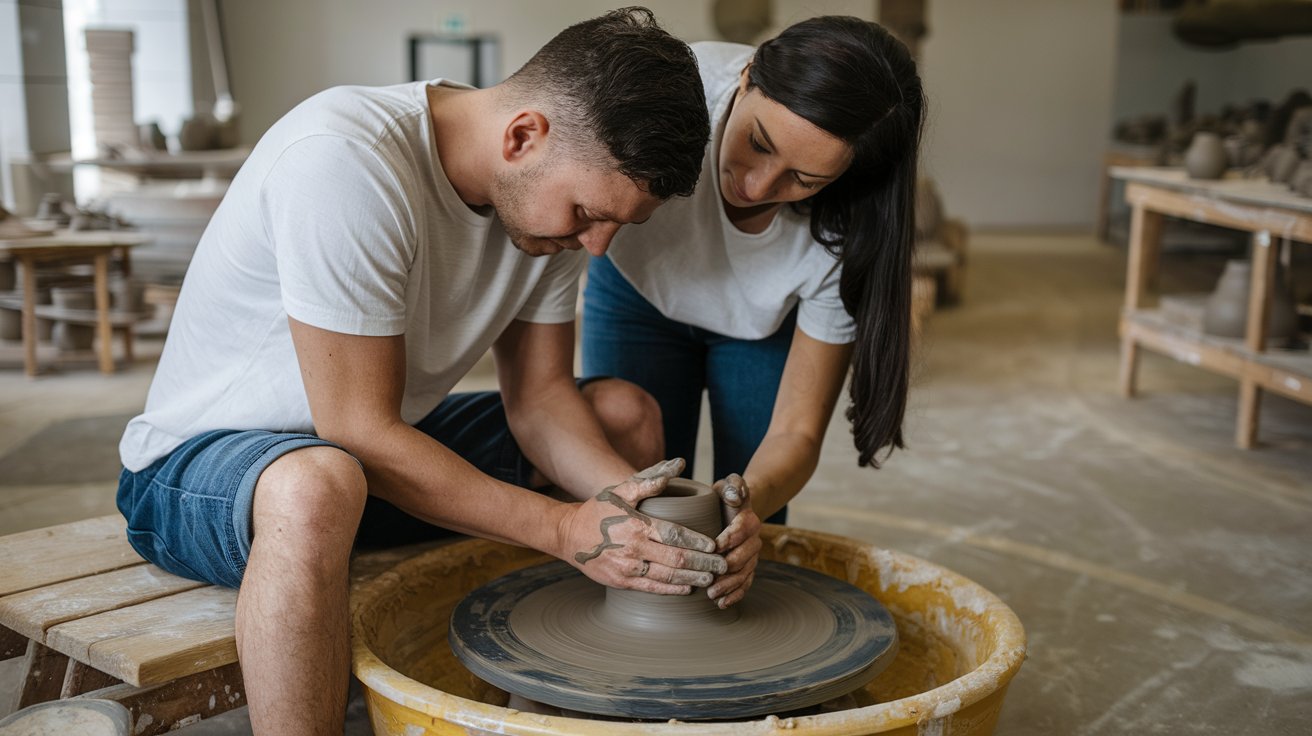 Couple participant à un atelier poterie