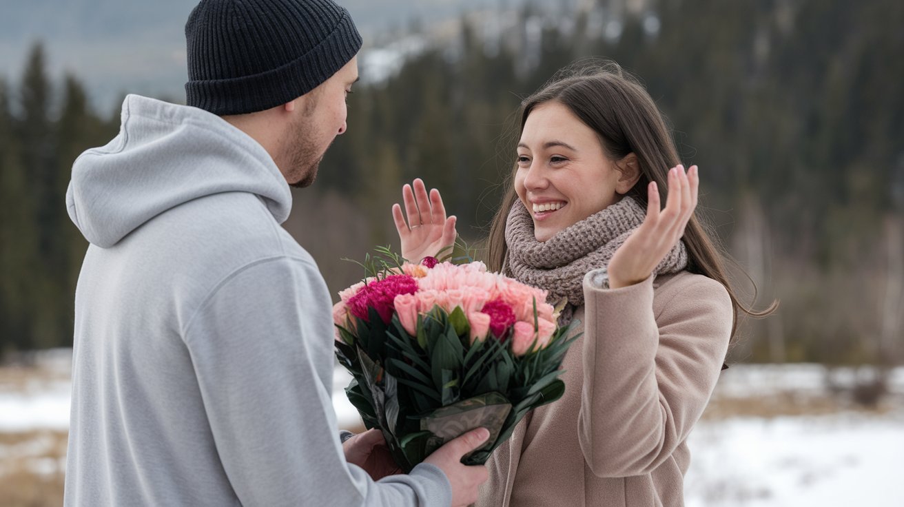 Couple compagnon qui offre des fleurs