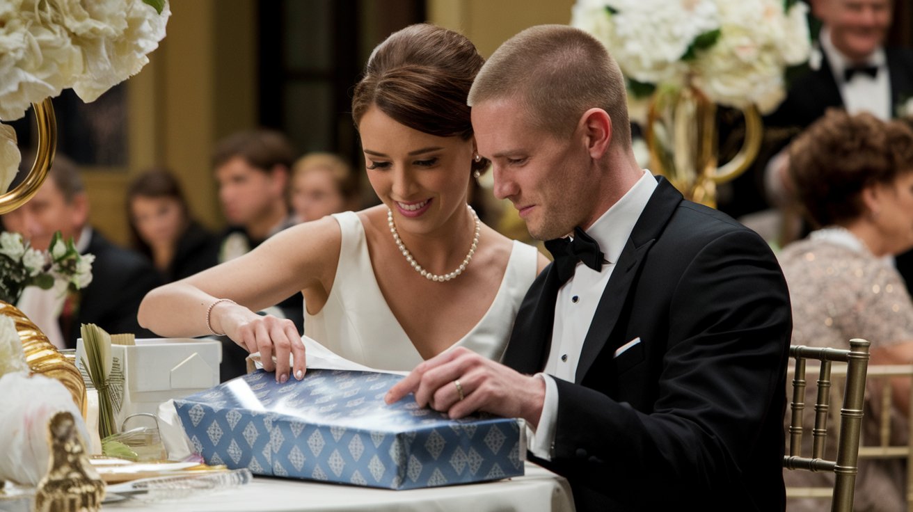 Un couple souriant, déballant un cadeau ensemble lors de leur mariage.