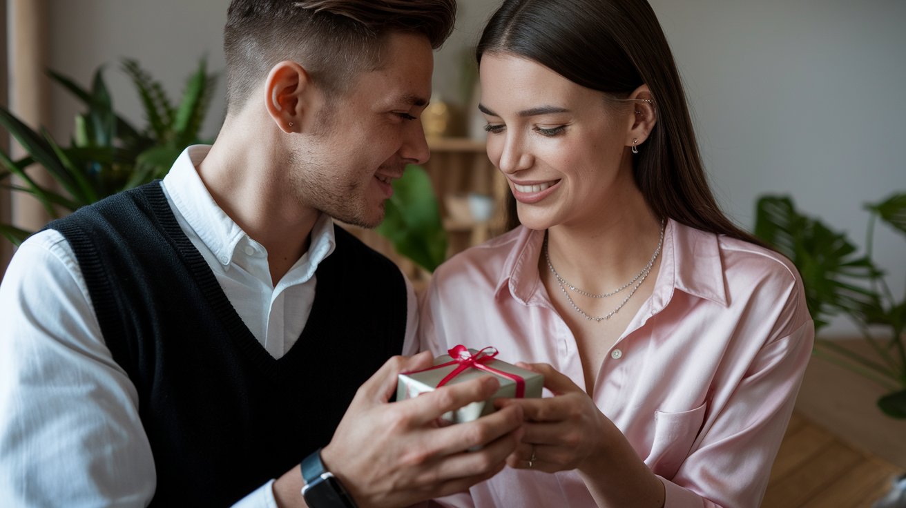 Un couple échange des cadeaux symboliques pour se souvenir d'une rencontre amoureuse.