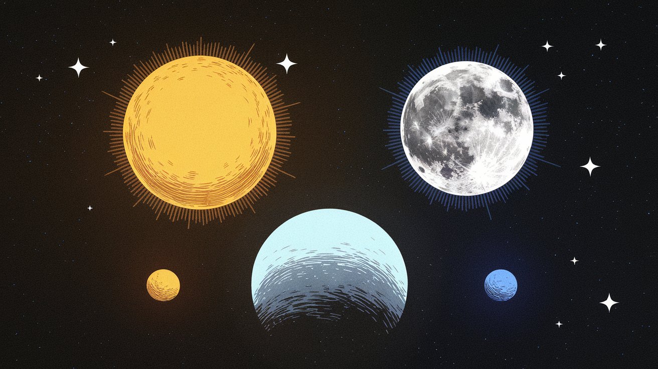 A visual representation of the Sun, Moon, and Rising signs in astrology.