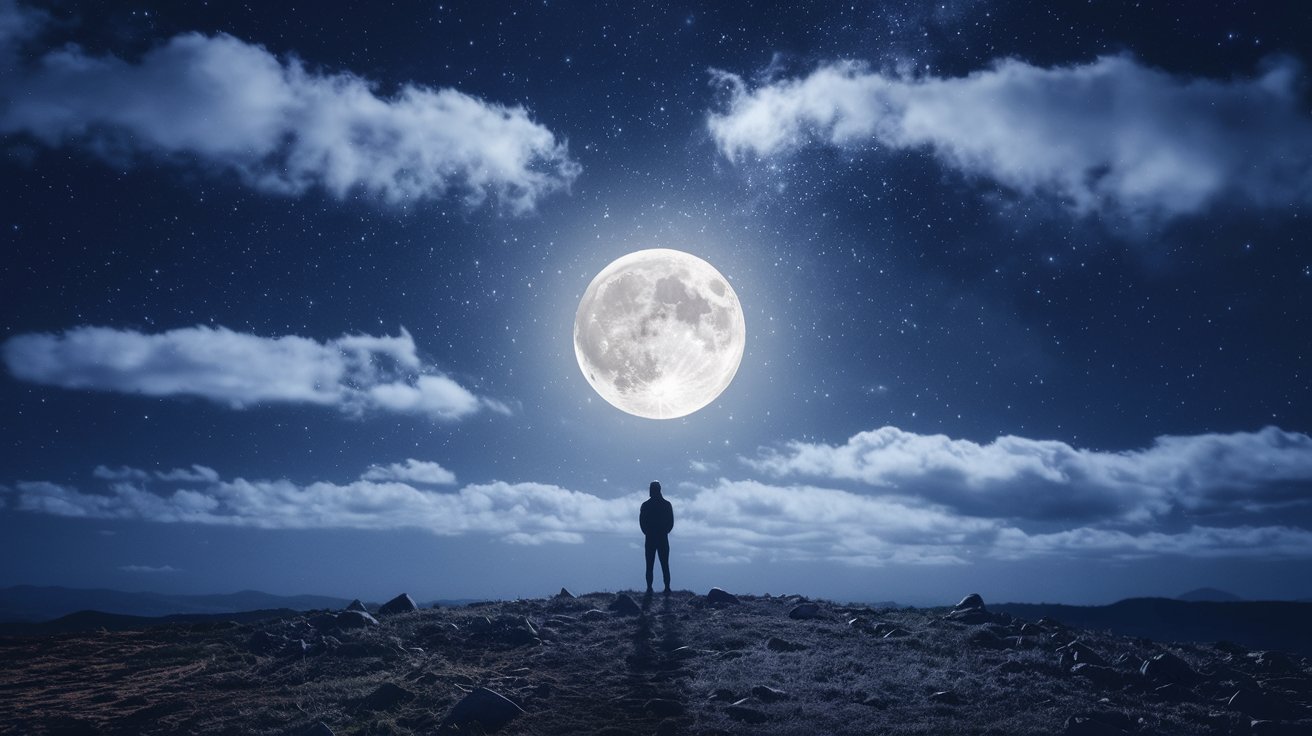 A luminous full Moon in a star-filled night sky, surrounded by soft clouds. In the foreground, a contemplative silhouette stands on a hill, evoking introspection and spiritual connection.