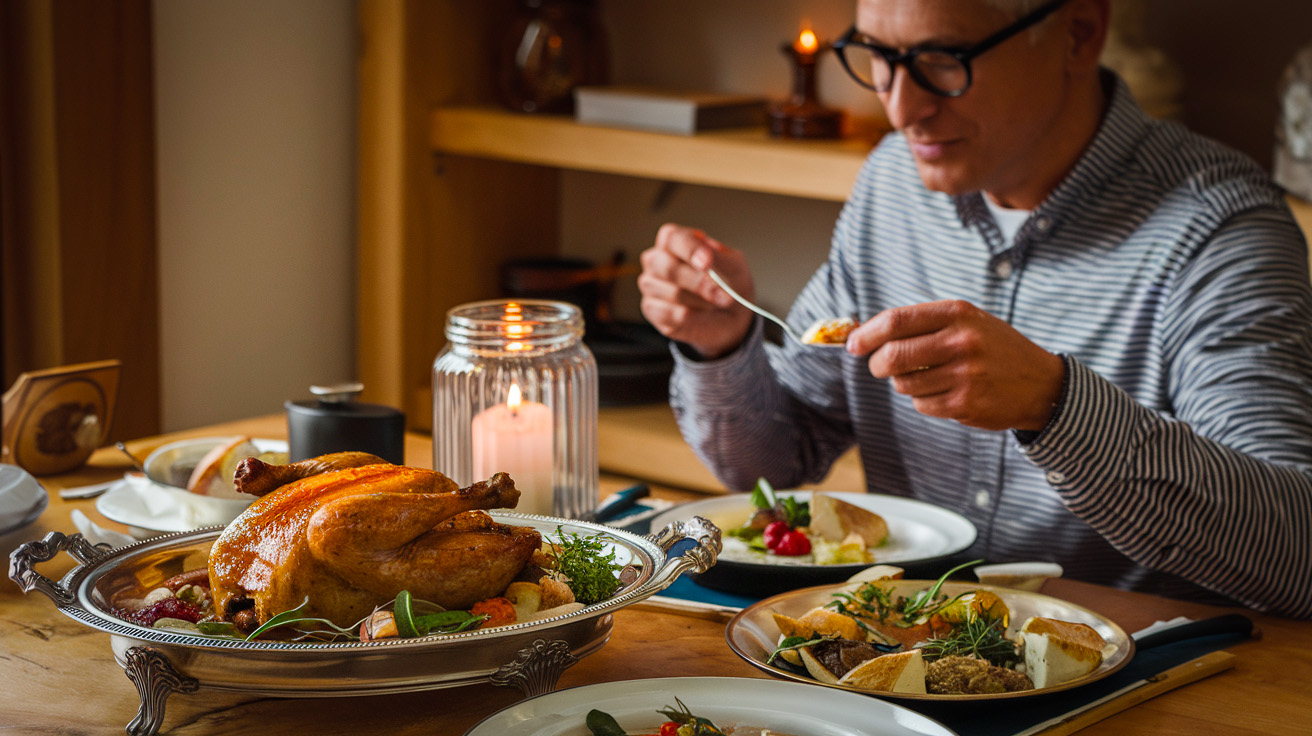 A cozy home setting with a man enjoying food