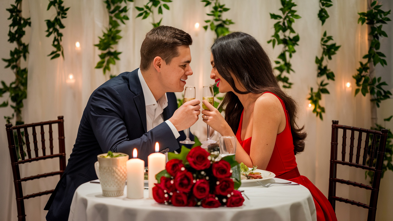 A photo of a couple sharing a romantic dinner