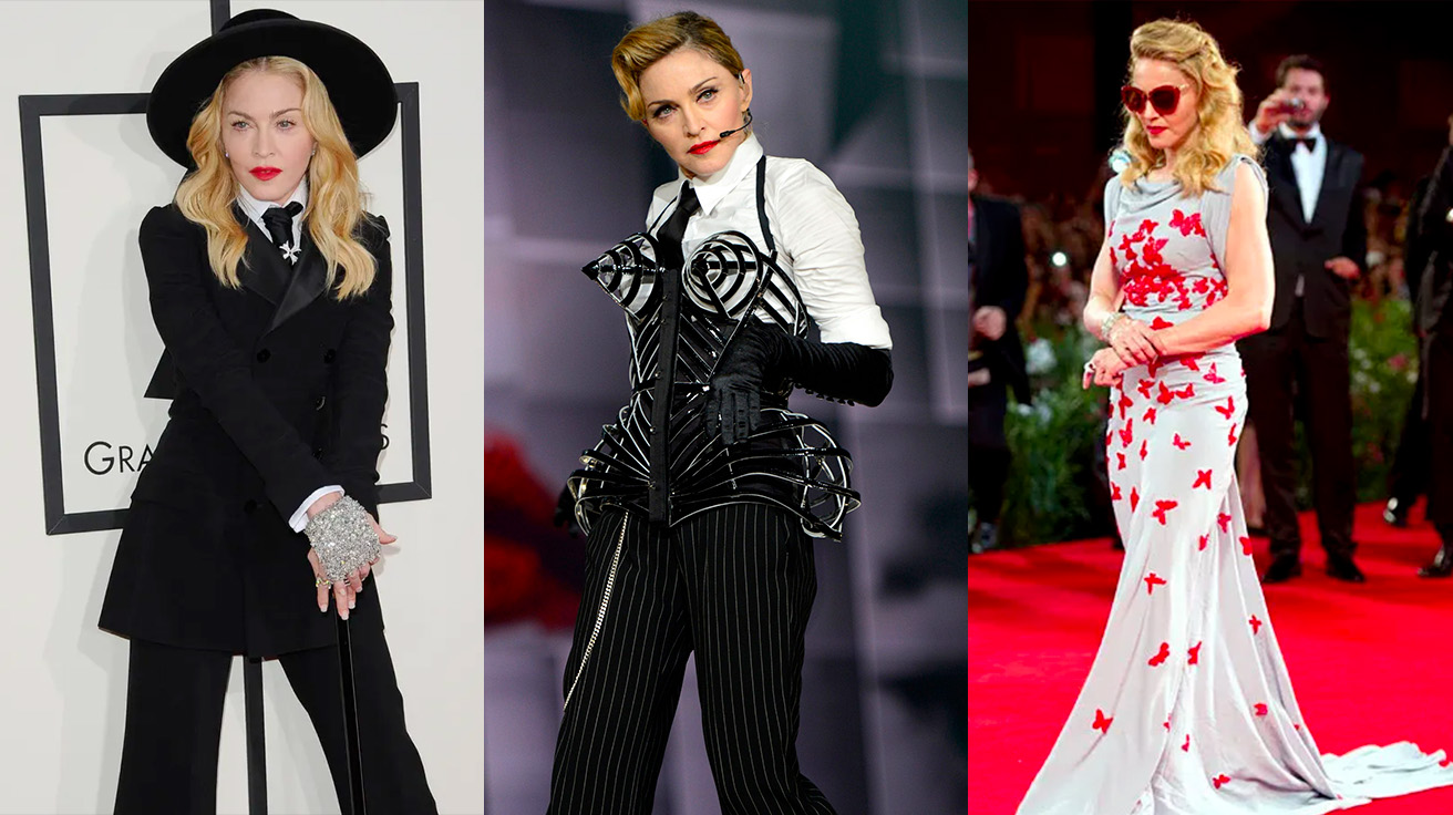 Madonna dressed in a refined and sophisticated outfit, illustrating her Virgo Rising’s meticulous attention to detail.